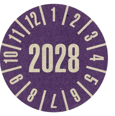 Produktbild von Dreifke® Prüfplakette 2028, violett, Graspapier, selbstklebend, Ø 30mm, 500 Stk.