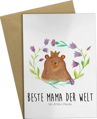 Produktbild von Mr. & Mrs. Panda Grußkarte Bär Königin - Weiß - Geschenk, Beste Mama, Teddy, hochzeitskarten, einladungskarten, dankeskarten, Lieblingsmensch, Mom, Muttertag, Mutter