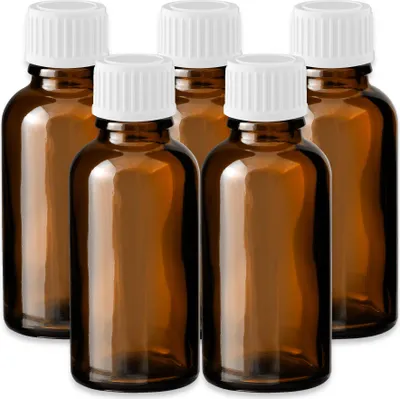 Produktbild von 5x Glasflasche Braun 30 ml mit weißem Kunststoff Schraubverschluss Set