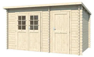 Produktbild von WOODTEX Naturbelassen Gartenhaus Blockbohlenhaus Aster 2 B Zweiraumhaus, Pultdach 28 mm Blockbohlen Fichtenholz, Gerätehaus mit Trennwand, Doppelflügeltür mit Glas, Profilzylinderschloss, Montageanleitung