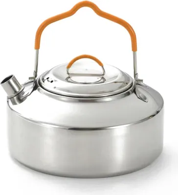 A stainless steel camping kettle with an orange handle, shown against a white background.