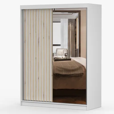 Produktbild von Schwebetürenschrank Kleiderschrank Schrank 150 cm Weiß/Weiß mit Spiegel LED und Lamellen LAMI B