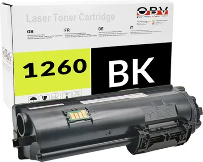 A black toner cartridge is shown in front of its packaging box.