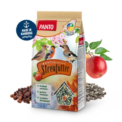 A bag of bird food with surrounding ingredients like apples and seeds.
