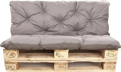 A gray pallet cushion set on a wooden pallet.
