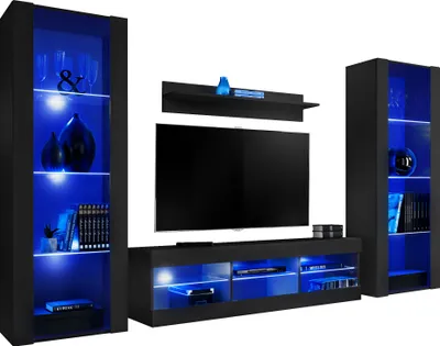 Produktbild von Komodee | Wohnwand Wohnzimmerset Tivoli Grande, Korpus Schwarz Matt Frontfarbe Schwarz Matt, LED Blau