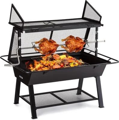 Image de Blumfeldt Tourne Broche Mechoui, Rotisserie et Gril de Barbecue 2 en 1, Tourne Broche Barbecue, Rotissoire Manuel, Housse de Pluie, Protection des Etincelles Inox, Bbq Grill Barbecue Charbon de Bois