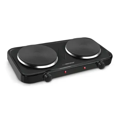 A black double electric hot plate on a white background.