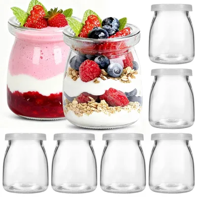 Produktbild von 6 Gläser à 200 ml mit Kunststoffdeckeln – geeignet für Joghurt und Pudding