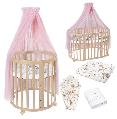 Produktbild von Waldin Babybett OWAL Kinderbett 7in1 mit Matratze, mitwachsendes Kinder-Bett,Stoffe Rosa Tiere,Holz natur