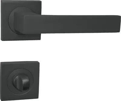 A black door handle set with square rosettes, shown against a white background.