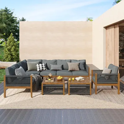 Produktbild von Sitzgruppe Gartenmöbel Set 7-8 Personen aus Akazienholz & Seil-Geflecht, 7-teilige Gartenlounge mit 2 Couchtischen & waschbaren Polstern, UV-beständig Natur/Grau