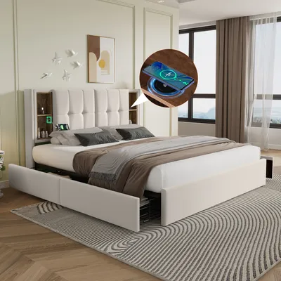 Image de Lit double rembourré avec chargement sans fil USB C& 4 tiroirs,Lit rembourré Cadre de lit 160x200cm,Beige velours (sans matelas)