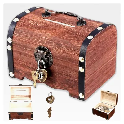 Produktbild von Vintage Holz Schatztruhe, 14,5 x 10 x 9,5 cm Spardose mit Schlüssel, kleine Schatzkiste mit Schloss, Piratenschatztruhe, Holztruhe für Aufbewahrung und Dekoration