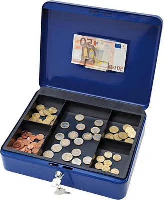 Obrázek produktu pro Ocelová schránka – pokladna s 5 přihrádkami – modrá – na mince a bankovky – bezpečnostní zámek