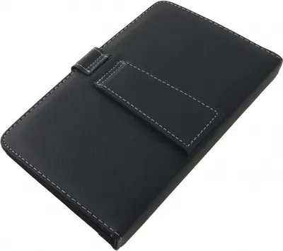 A black tablet case with white stitching and a strap closure.