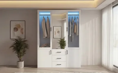 Image de Armoire ProximaX 130 cm blanche avec éclairage LED – Portes vitrées et 3 tiroirs, meuble de chambre à coucher moderne