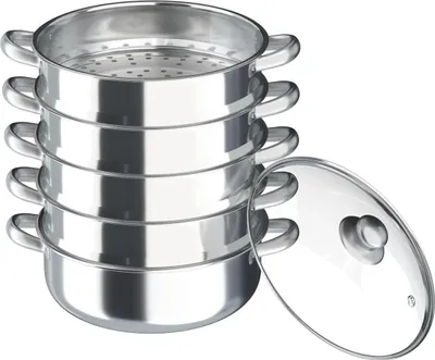 Produktbild von Dampfgarer - Mehrstöckiger Topf - 30 cm - Edelstahl - Glasdeckel - Über 4 Ebenen