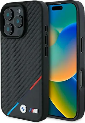 Produktbild von BMW M Carbon Tricolor Line MagSafe Hardcase für iPhone 16 Pro Max, Schwarz, Stoßfest, Leicht & schlank, aus Kohlefaser, Polycarbonat, TPU, BMHMP16X23PUDTK