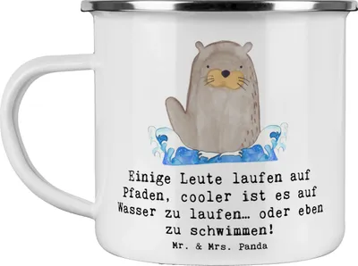 Produktbild von Mr. & Mrs. Panda Emaille Tasse Schwimmen Pfade - Weiß - Geschenk, Teetasse, Freistilschwimmen, Sport, Wasser, Pott, Brustschwimmen, Schwimmer, Haferl, Sportler, Training
