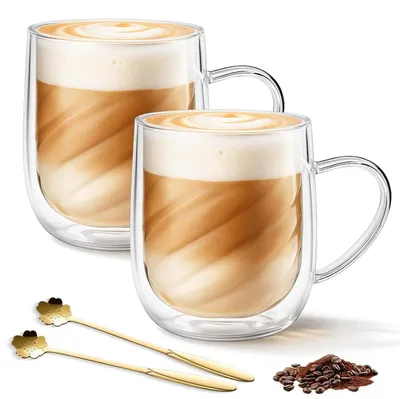 Produktbild von Latte Macchiato Gläser 2er Set 350 ml doppelwandig Borosilikatglas mit Henkel & Löffel