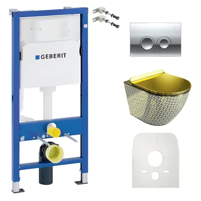 Produktbild von DOMINO Geberit Duofix Basic Vorwandelement + Wand-WC Tiefspül Sofi Slim Becken Golden Never Die Spülrandlos + Bedienplatte Delta 25 für Doppelspülung