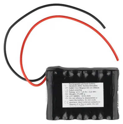 Produktbild von Notleuchtenakku NiMH 12V 1800mAh F2x5 Mignon AA mit 200mm Kabel einseitig