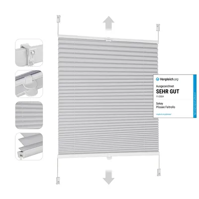 A light gray pleated blind (Rollo) is shown against a white background. Several close-up detail shots of the mounting hardware and the pleats are displayed on the left side of the image. A review badge from 'Vergleich.org' is present on the right side.