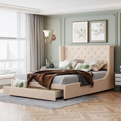 Produktbild von Polsterbett Beige 140x200cm (Ohne Matratze) Doppelbett mit Lattenrost, Rückenlehne und großen Schubladen, Pro-Leinen-Stoff ugenddoppelbett