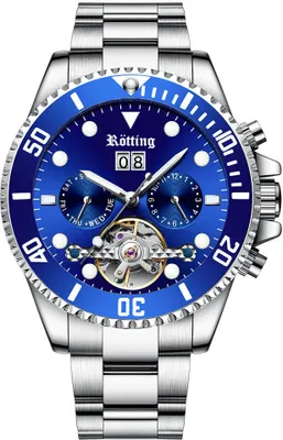 Produktbild von Rötting Design Herrenuhr Automatikuhr blaue Lünette zum Drehen DATUMSANZEIGE Handgelenkumfang 21