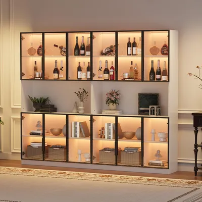 Image de OKWISH Vitrine Blanche avec 12 Portes en Verre et Éclairage LED - Meuble de Salon, 240x34x200 cm