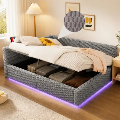 Obrázek produktu pro Rozkládací pohovka Flieks 140 x 200 cm s LED osvětlením a nabíjecími porty, čalouněná postel s hydraulickým mechanismem a úložným prostorem, denní postel – dvojlůžko s opěrkou, samet, šedá