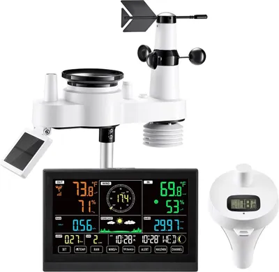 Immagine prodotto di Stazione meteorologica Wi-Fi 7 in 1 con APP, display da 190,5 mm, sensore esterno wireless alimentato a energia solare, con termometro per piscina, pluviometro, uso interno ed esterno per previsioni meteorologiche, velocità del vento, temperatura della piscina