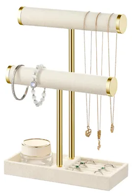 Produktbild von Schmuckständer Armbandhalter Schmuckhalter - Beige Samt - 2 Ebenen - Gold