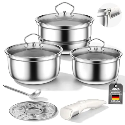 Produktbild von Edelstahl Töpfe Set mit Abnehmbarem Griff, 3-teilig, Induktion, Antihaft, mit Deckel & Küchenhelfern