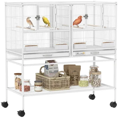 Image de Grande cage à oiseaux - Cage double avec séparation - Montée sur roulettes - 4 mangeoires - 4 perchoirs - 2 tiroirs amovibles - 95 x 45,5 x 102 cm - Blanche