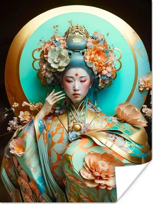 Produktbild von MuchoWow® Poster Frau - Kimono - Blumen - Gold - Porträt 30x40 cm - Wandplakat - Poster Kinderzimmer