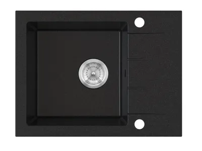 A black granite kitchen sink with a silver drain and faucet holes, shown from a top-down perspective.