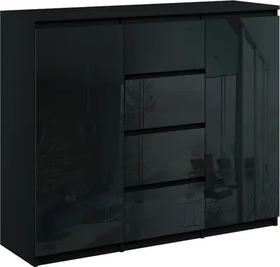 A black high-gloss sideboard with multiple drawers and cabinet doors.