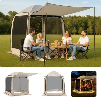 Image de Tente de camping VEVOR, 182,88x182,88x219,4 cm, tente pop-up avec auvent extensible, tente de fête portable pour 4-6 personnes, sac de transport & parois latérales inclus, pour terrasse & activités de plein air, beige