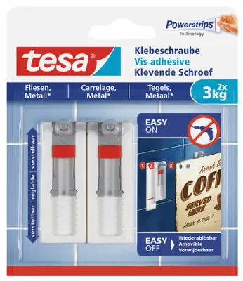 Produktbild von tesa Klebeschraube für Fliesen verstellbar weiß 3 kg Belastung 2 Stk.