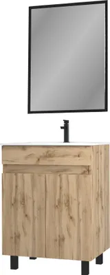 Image de Meuble salle de bains 60cmReproduction chene naturel 2 portes - Vasque blanche et Miroir - TIMBER