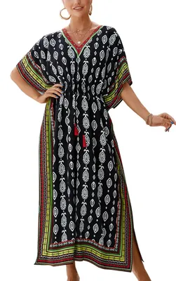 Produktbild von Solidchoice - Maxikleid mit V-Ausschnitt, im Bohemian-Stil, Strandkleid/Kaftan für Damen