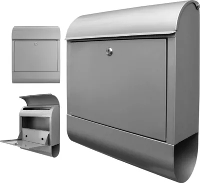Produktbild von Design Briefkasten Stahl silber mit Zeitungsfach pulverbeschichtet 38x46x12,5cm, 2 Schlüssel, Postkasten A4 Einwurf mit Montagematerial [BK Blanco]