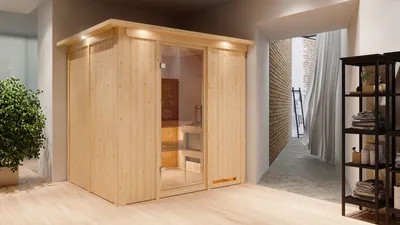 Produktbild von Karibu Sauna Innensauna Sodin Fronteinstieg Ofen 9 kW integr. Strg 210x184x202 cm mit Dachkranz mit Klarglastür