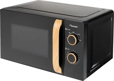 Produktbild von Bestron 700 Watt Mikrowelle, zweiteiliges Kontrollpanel mit 5 Leistungsstufen & 35Min. Timer, stufenlos regelbar, mit 25.5cm Drehteller für alle gängigen Größen, Black & Wood, Farbe: Schwarz/Holzoptik