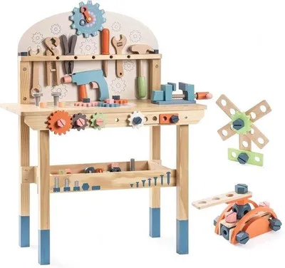 Productafbeelding van Grote houten kinderwerkbank - speelgoed gereedschapsset voor jongens en meisjes - bouwspeelgoed