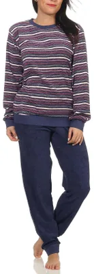 Produktbild von Edler Damen Frottee Pyjama langarm Schlafanzug mit Bündchen in Streifenoptik - 291 13 902 ; marine , 40/42