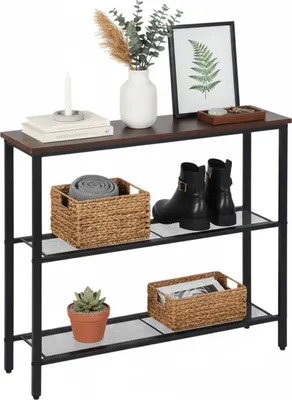 Zdjęcie produktu dla Stolik konsolowy Relaxdays, wys. x szer. x gł.: 75 x 80 x 23 cm, metal, MDF, wąska konsola do przedpokoju, stolik przedpokojowy z 3 półkami, brązowo-czarny