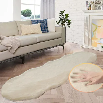 Image de Tapis en Fourrure artificielle, couleur beige, dimensions 60x180 cm, lavable